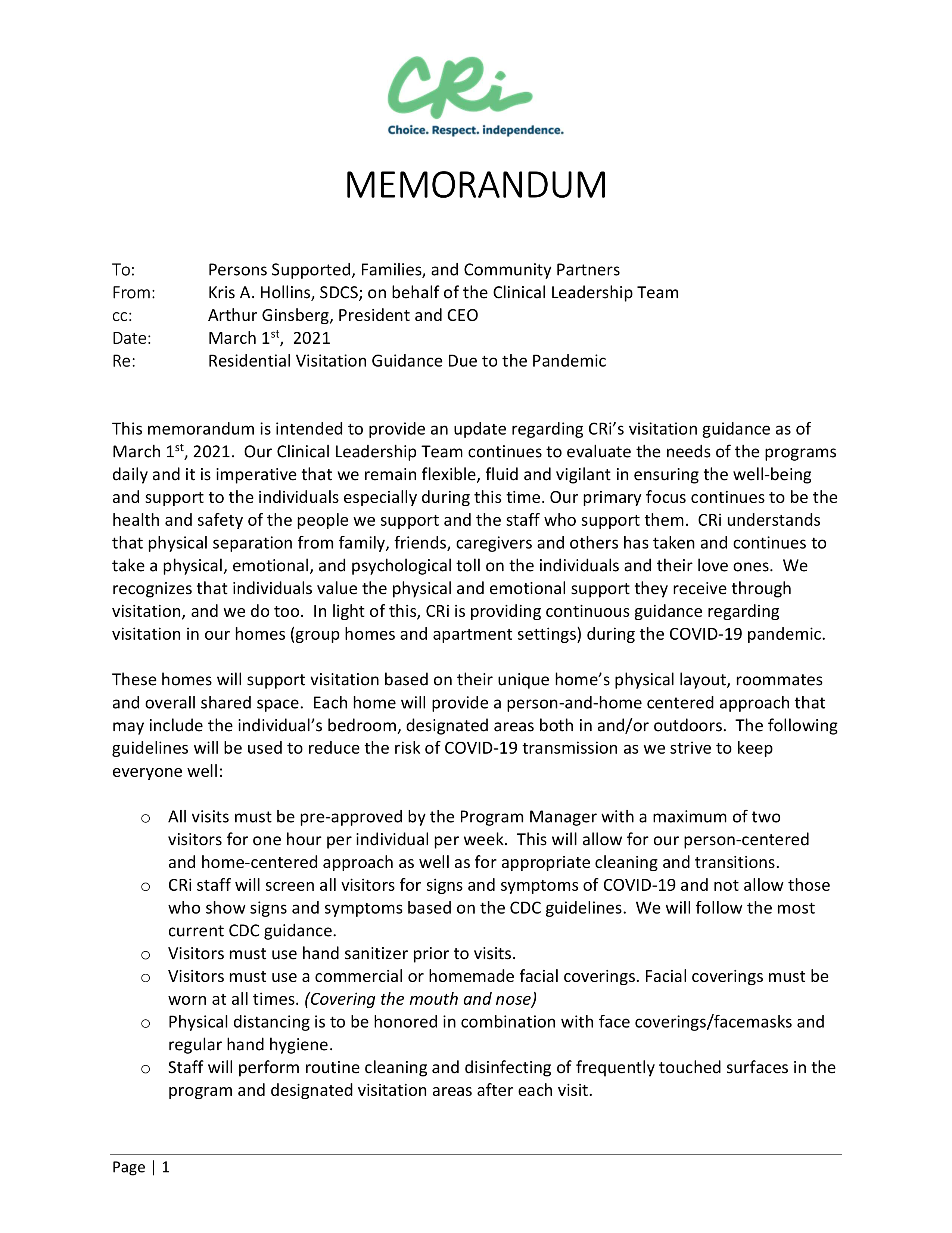 UPDATE: Residential Visitation Guidance During the Pandemic